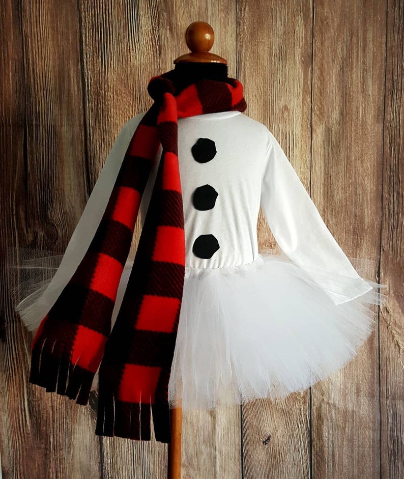 Snowman tutu set, girls snowman tutu costume, long sleeved shirt, less full tutu, red buffalo plaid scarf and mini top hat for girls image 6