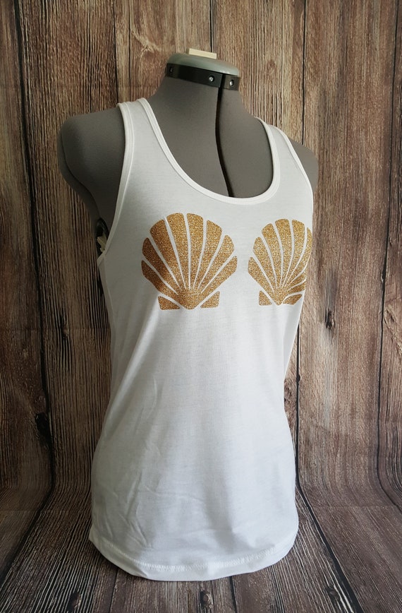 Mermaid Sea Shell Bra T-Shirt - Cute Faux Blue Sequins Top Mermaid Sea Shell Bra T-Shirt - Cute Faux Blue Sequins Top