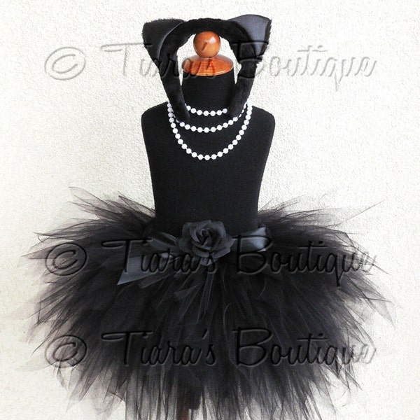 Black Cat Tutu Halloween Costume - Obsidian Kitty - Black Custom Sewn 3 Tiered 15" Pixie Tutu w/ Cat Ears & Tail - Up to size 5T