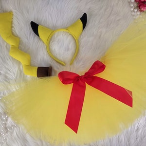Girls Halloween Costume Pocket Monster Pika Costume with Yellow Tutu, Yellow and Black Ears and Yellow and Brown Detachable Tail