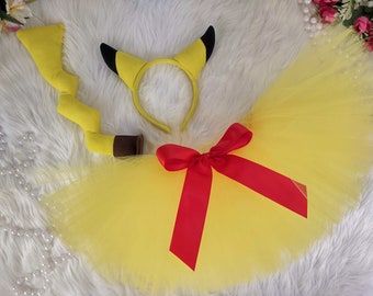 Girls Halloween Costume Pocket Monster Pika Costume with Yellow Tutu, Yellow and Black Ears and Yellow and Brown Detachable Tail