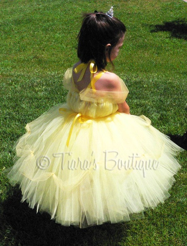 Belle Inspired Tutu Dress Includes a Belted Tutu Dress with Draping Tulle Sleeves and Decoration Yellow Princess Tutu Dress