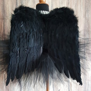 Fallen Angel Black Angel Tutu Costume, Black Tutu with 16&quot; x 16&quot; Black Angel Wings For Girls Dark Angel Demon Costume for Halloween