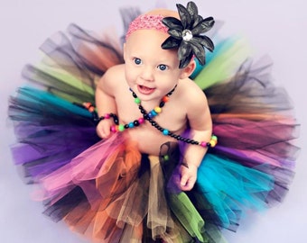 Rainbow Tutu - Sewn Tutu - So Cal Punk Tutu - Custom 8" Tutu - sizes Newborn to 5T - Black with Bright Neon Rainbow Colors