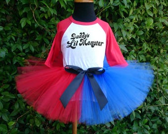 Girls Red Blue Comic Villain Squad Tutu Costume Set Daddy's Monster Red 3/4 Sleeved Raglan Shirt & Red and Blue 8" Economy Tutu Skirt