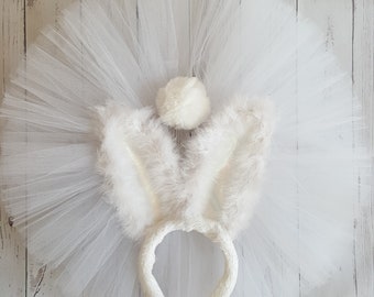 White Bunny Tutu Set Girls Easter Bunny Ears and Tail 8" Tutu Baby Toddler First Birthday Bunny Costume Bendable White Furry Bunny Ears