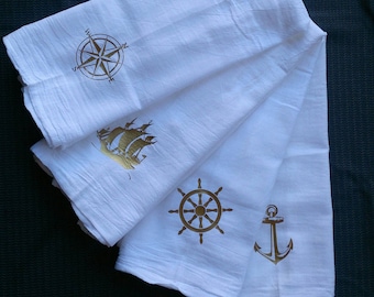 Nautical themed kitchen towels, bar towels, tea towels, gold vinyl on white, helm wheel, compass rose, anchor, sailing ship, gift set of 4