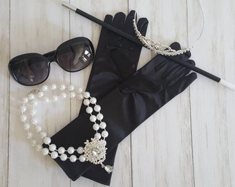Breakfast at Tiffany's Holly Golightly Audrey Hepburn Costume Accessories Set Pearl Necklace Rhinestone Tiara Black Glasses Gloves for Women