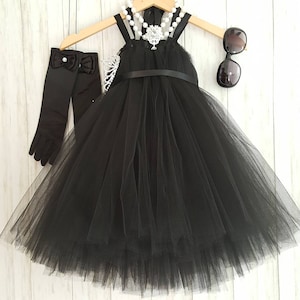 Classic Movie Star Costume Dress Old Hollywood Glam Black Dress Audrey Hepburn Tutu Dress Birthday Halloween Costume for Girls - Dress Only