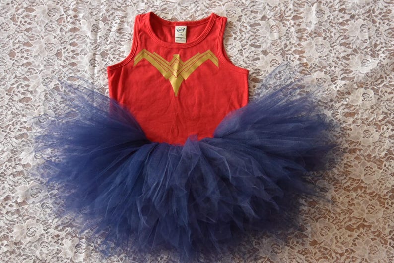 New Wonder Woman Tutu Costume 2017 Wonder Woman Tutu Set Red and Gold Wonder Woman Shirt /& Navy Blue Extra Full Pixie Tutu Skirt