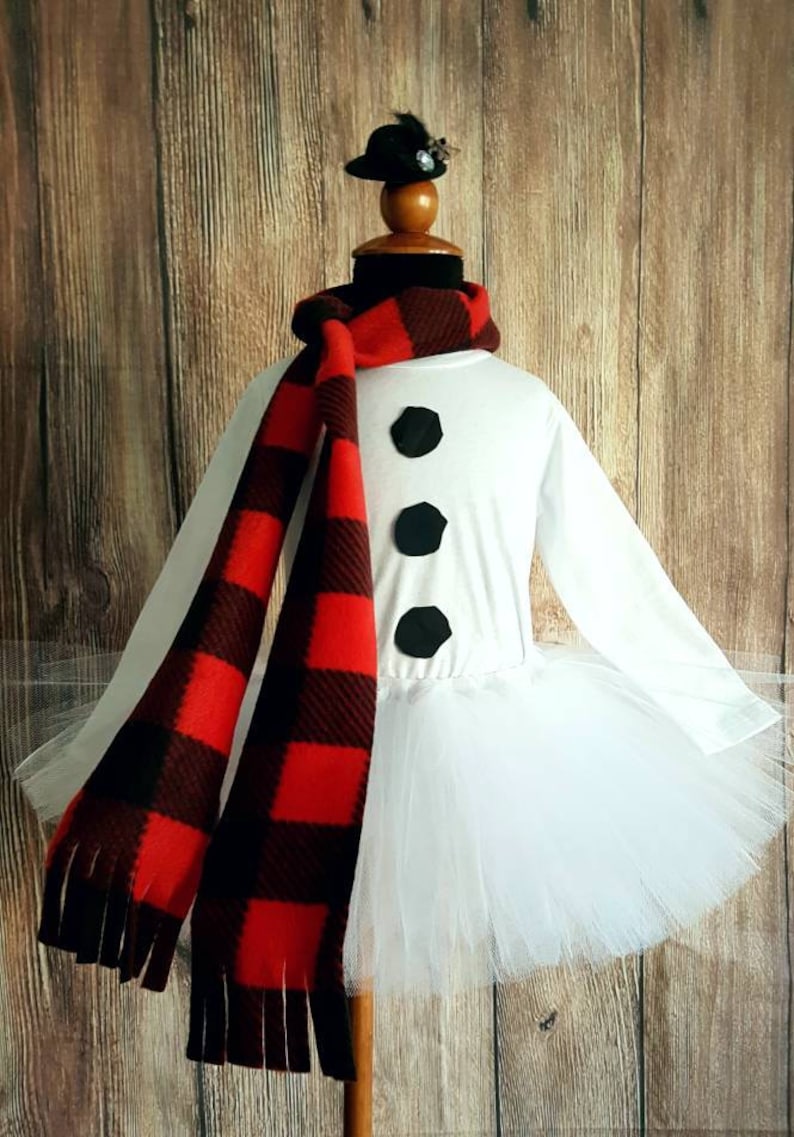 Snowman tutu set, girls snowman tutu costume, long sleeved shirt, less full tutu, red buffalo plaid scarf and mini top hat for girls image 4