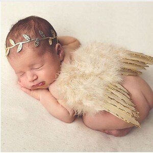 Angel Wings and Gold Leaf Headband Baby Photo Prop Set, White Feather Angel Wings for Newborn Photography, WINGS AND HEADBAND image 8
