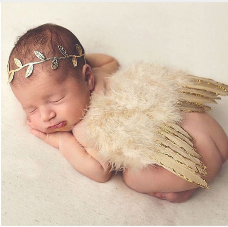 Angel Wings and Gold Leaf Headband Baby Photo Prop Set, White Feather Angel Wings for Newborn Photography, WINGS AND HEADBAND image 8