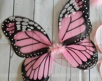 Pink Monarch Butterfly Wings Girls Halloween Costume - 15"x13" Pink Butterfly Wings and Butterfly Wand - Tutu and Antenna Not Included