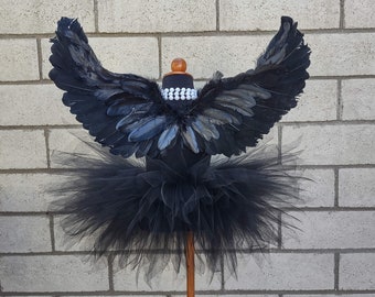 Dark Angel Costume, Black Raven Costume, Wings and Pixie Tutu - 24" x 12" Raven Wings for Babies, Toddlers, Girls, Teens, Halloween Costume