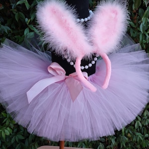 Pink Bunny Tutu Set Girls Easter Bunny Ears and Tail 8&quot; Tutu Baby Toddler First Birthday Bunny Costume Bendable Pink Furry Bunny Ears