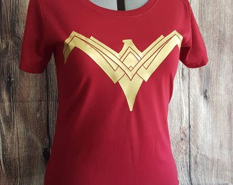 Superhero Woman Costume Shirt, Super Hero Woman Breastplate Emblem Gold Maroon Red Shirt, Woman's Fitted T-shirt, Size S-2XL