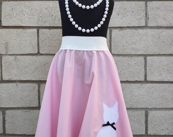 Retro 50's Sock Hop Pink Circle Skirt With White Cat Pink Poodle