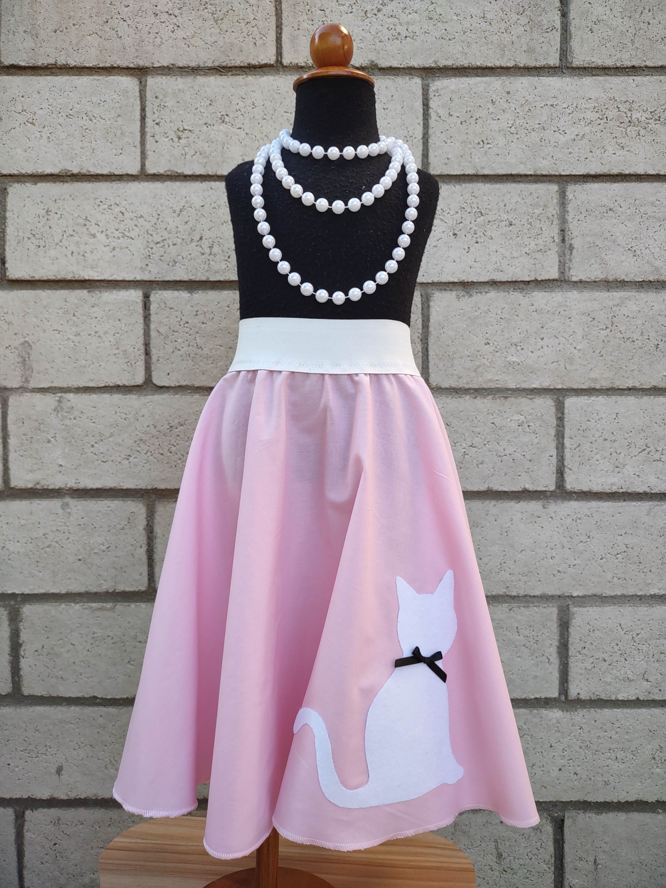 Retro 50's Sock Hop Pink Circle Skirt With White Cat Pink Poodle