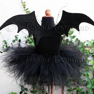 Halloween Costume Tutu & Wing Set - Black Bat Wings and Custom 11'' Pixie Sewn Tutu - size Newborn up to 5T - MADE-TO-ORDER