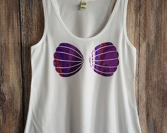 Mermaid Shirt, Purple Holographic Mermaid Seashell Bra Tank Top, Sea Shells Flowy Tank Top Mermaid Shirt for Teens Juniors Women