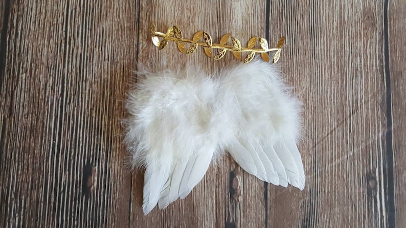 Angel Wings and Gold Leaf Headband Baby Photo Prop Set, White Feather Angel Wings for Newborn Photography, WINGS AND HEADBAND image 2