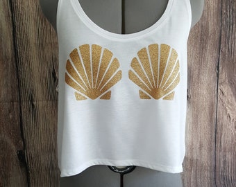 Mermaid Shirt, Seashell Sea Shell Shirt, Old Gold Glitter, Gold Scalloped Seashell Bra Top, Women's OVERSIZED Boxy Cropped Tank Top