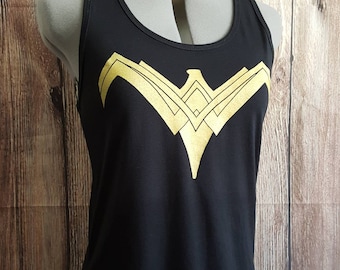 Dark Superhero Woman, Super Hero Breastplate Emblem Gold Black Shirt, Woman's Fitted T-shirt or Tank, Size S-2XL