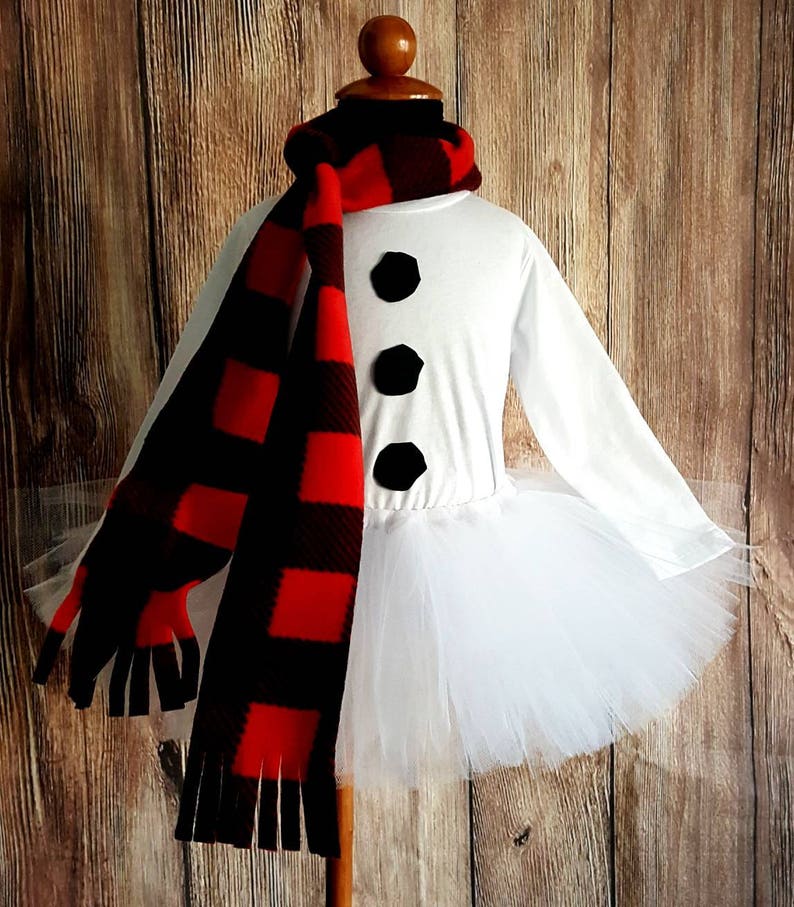 Snowman tutu set, girls snowman tutu costume, long sleeved shirt, less full tutu, red buffalo plaid scarf and mini top hat for girls image 5