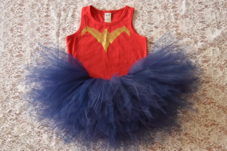 New Wonder Woman Tutu Costume 2017 Wonder Woman Tutu Set Red and Gold Wonder Woman Shirt /& Navy Blue Extra Full Pixie Tutu Skirt