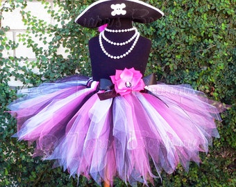 Pink Black White Pirate Pixie Tutu and Hat Costume Set - Custom Sewn 13" Pixie Tutu w/ Pirate Hat - Skull and Crossbones - sizes up to 5T