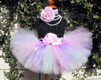 Easter Tutu, Pink Green Lavender Girls Birthday Tutu, Spring Pastels, Custom Sewn Tutu and Headband Set, Easter Photo Prop Tutu Skirt