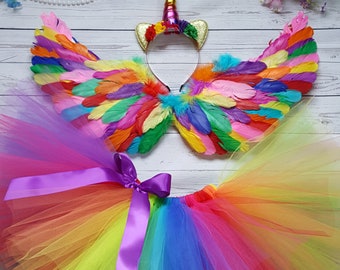 Rainbow Unicorn Costume Pegasus Tutu Costume, Rainbow Tutu Rainbow Wings, and Unicorn Headband Halloween Costume For Girls, Babies, Toddlers