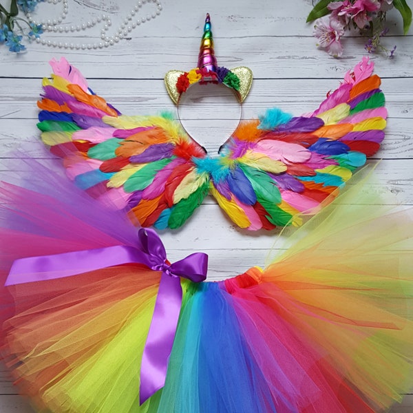 Rainbow Unicorn Costume Pegasus Tutu Costume, Rainbow Tutu Rainbow Wings, and Unicorn Headband Halloween Costume For Girls, Babies, Toddlers