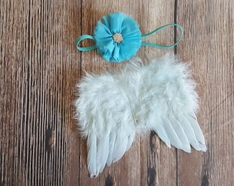 Angel Wings and Chiffon Flower Jewel Headband Baby Photo Prop Set, Blue Feather Angel Wings for Newborn Photography, WINGS AND HEADBAND