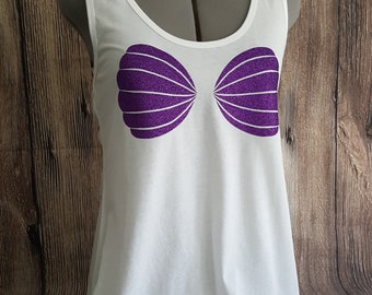 Mermaid Shirt, Purple Glitter Mermaid Seashell Bra Tank Top, Sea Shells Flowy Tank Top Mermaid Shirt for Teens Juniors Women