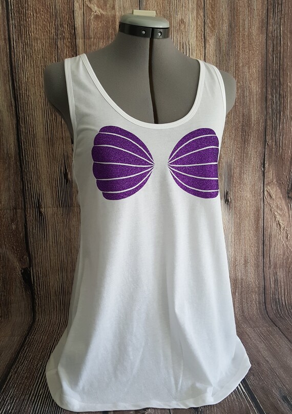 Mermaid Sea Shell Bra T-Shirt - Cute Faux Blue Sequins Top Mermaid Sea Shell Bra T-Shirt - Cute Faux Blue Sequins Top