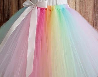 Pastel Rainbow Women's Tutu, 24" Long Less Full Tutu, Pink, Peach, Yellow, Mint, Blue, Lavender, Soft Rainbow Unicorn Colors Sewn Tutu Skirt