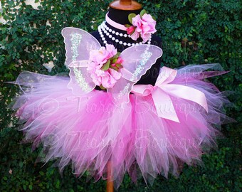 Baby Tutu Butterfly Wings - Pink Tutu - 1st Birthday Girl Tutu Set - Sewn 8'' Pixie Tutu Fairy Wings & Headband