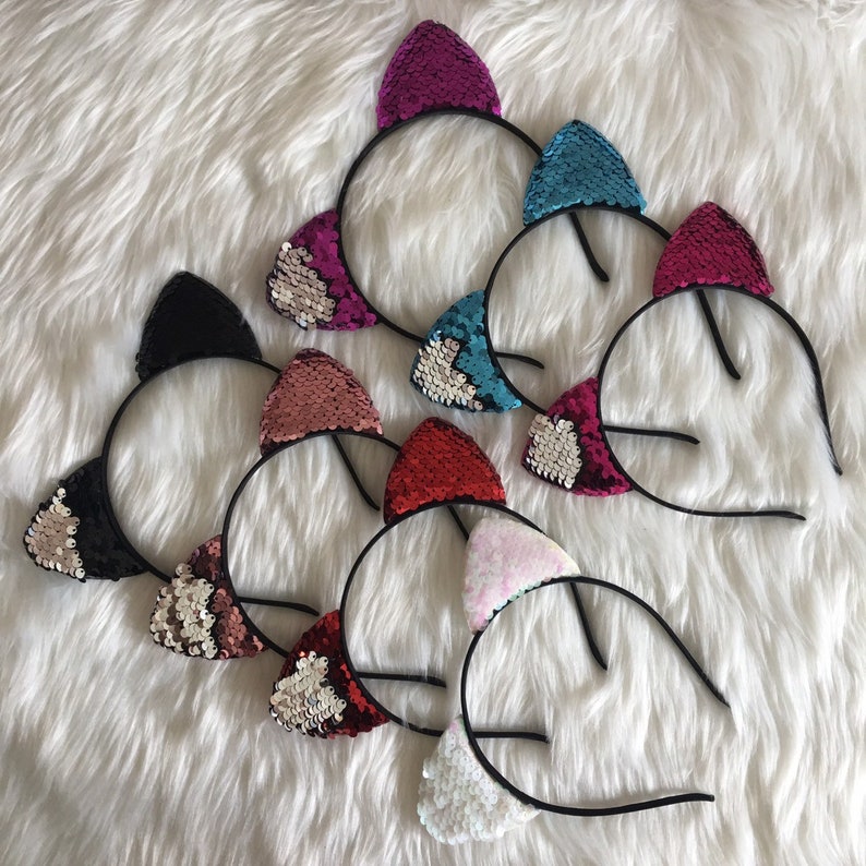 Sequin Cat Ears Headband Light Pink Silver Girl's Headband Etsy