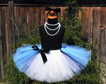 Custom Sewn Blue Black White Tutu w/ Apron Look, Alice, 12" Tutu, sizes newborn to 5T