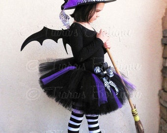 Willow, the Wild Witch Tutu Halloween Costume - Black, Purple, and Zebra Sewn 10" Tutu & Witch Hat - Bat wings not included