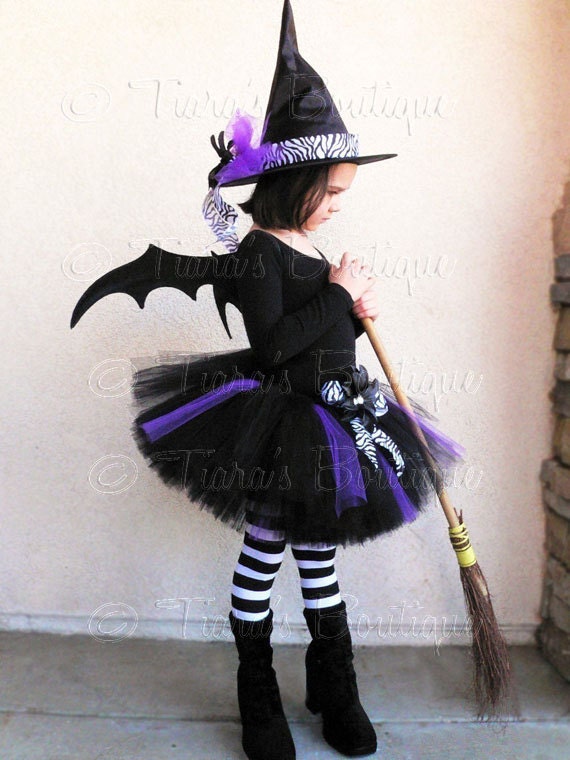Willow, the Wild Witch Tutu Halloween Costume - Black, Purple, and Zebra Sewn 10" Tutu & Witch Hat - Bat wings not included