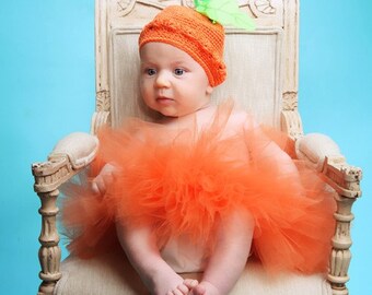 My First Pumpkin Costume - Orange Tutu & Hat Set - Sewn 6" Infant Toddler Tutu and Beanie - newborn to 12 months - Great for Fall Festivals