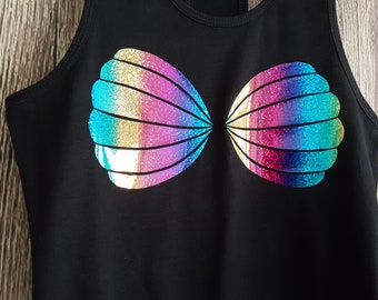Mermaid Shirt, Rainbow Holographic Glitter Mermaid Seashell Bra Racerback Tank Top, Sea Shells Tee, Mermaid Racer Back Tank