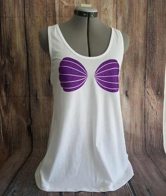 Mermaid Sea Shell Bra T-Shirt - Cute Faux Blue Sequins Top Mermaid Sea Shell Bra T-Shirt - Cute Faux Blue Sequins Top