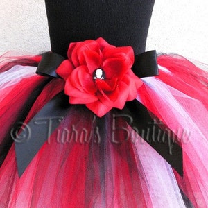 Red Black White Custom 15&quot; Pirate Pixie Tutu with Skull and Crossbones Rose Clip, for Birthdays, Halloween Costumes, girls sizes 9 to 12