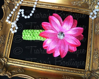 Pink and Green Girls Headband Photo Prop - Hot Pink Lily w/ Rhinestone Center on Lime Headband - Flower Headband Made to Match Your Tutu