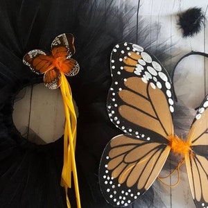 Girls Halloween Costume - 11&#39;&#39; Black Pixie Tutu & 15&quot;x13&quot; Monarch Butterfly Wings, Orange Butterfly Wings Costume with Butterfly Wand