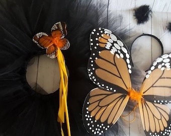 Girls Halloween Costume - 11'' Black Pixie Tutu & 15"x13" Monarch Butterfly Wings, Orange Butterfly Wings Costume with Butterfly Wand